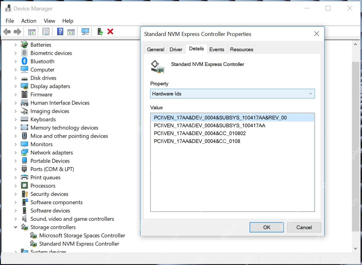 Windows 设备管理器 NVM Express 控制器属性详细信息中的 PCI 硬件 ID