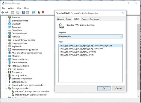 Windows 设备管理器 NVM Express 控制器属性详细信息中的 PCI 硬件 ID