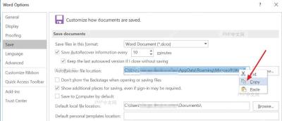 Word 保存选项中的 AutoRecover file location 路径,用于继续查找自动恢复文件