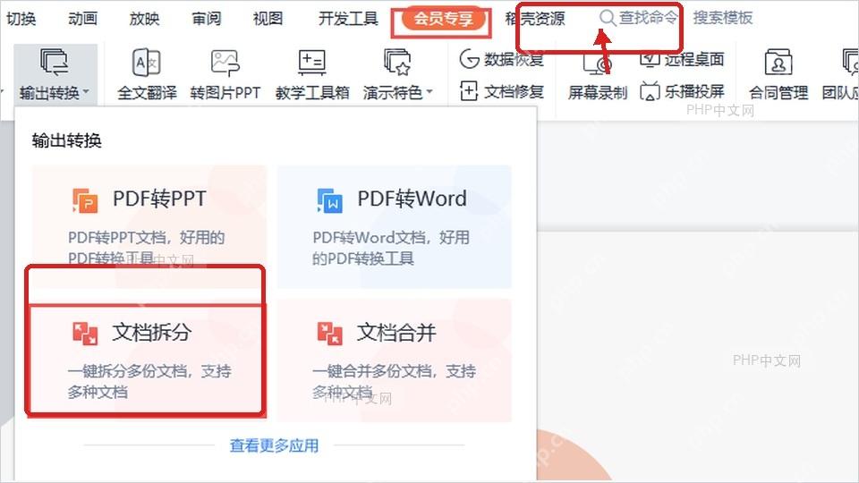 WPS演示会员专享选项卡中的文档拆分入口,用于打开PPT拆分功能