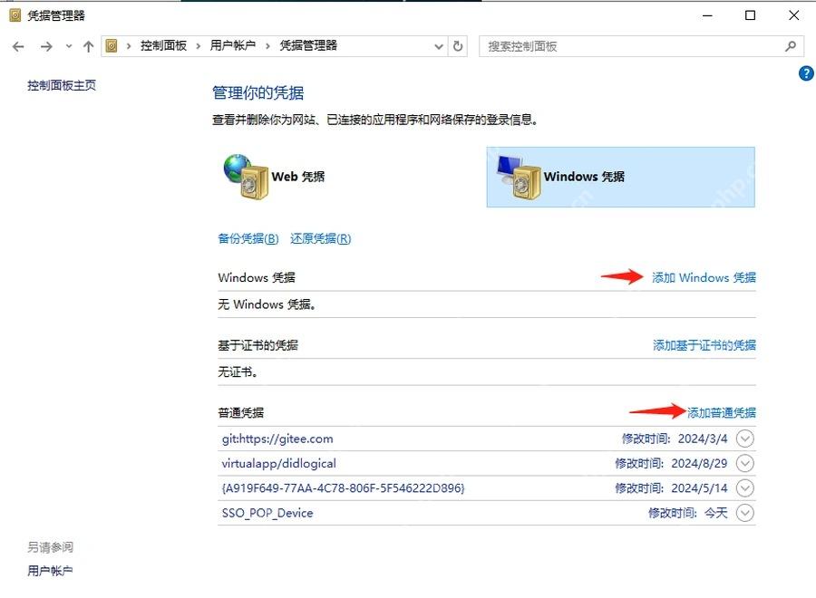 Win11 凭据管理器进入 Windows 凭据列表