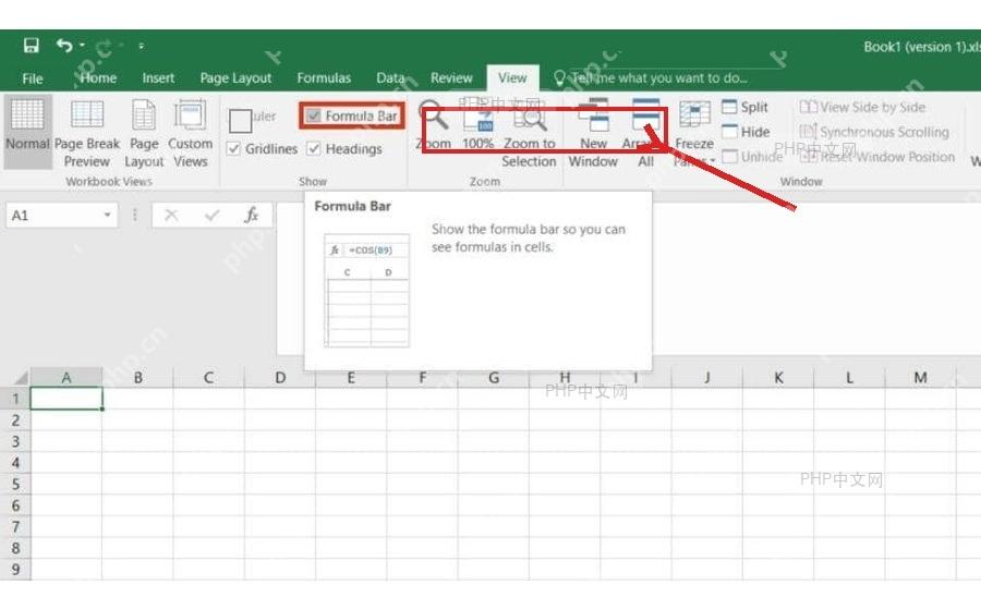 Excel 视图选项卡中 Formula Bar 复选框被取消，表示关闭表格编辑栏