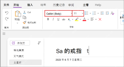 OneNote字号框和字体大小入口