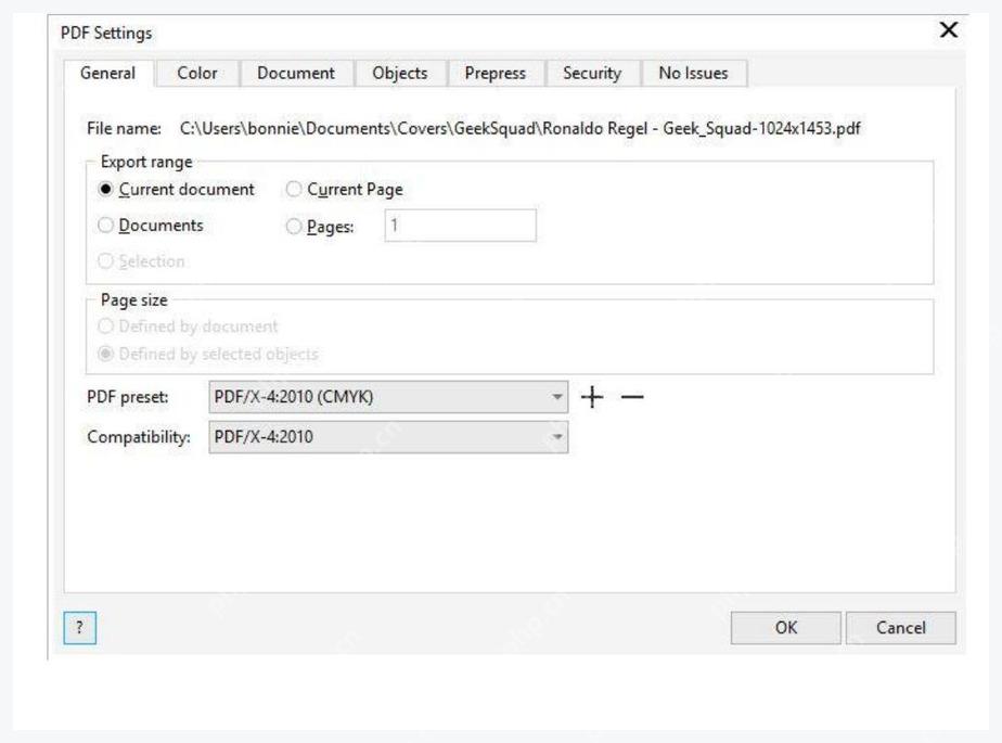 CorelDRAW Publish to PDF 对话框中点击 Settings 设置范围