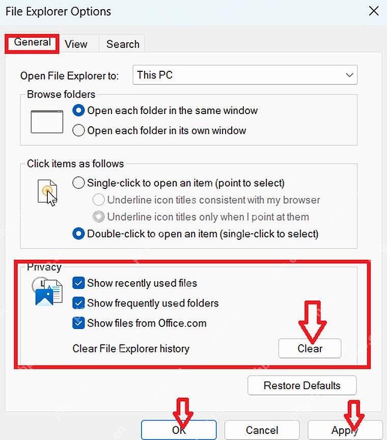 Win11 文件夹选项隐私区域关闭最近文件和常用文件夹