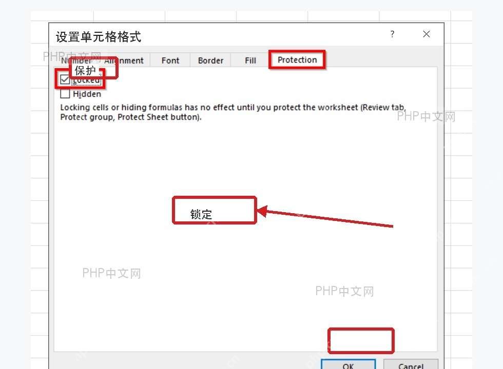 Excel设置单元格格式保护选项卡中为目标单元格勾选锁定