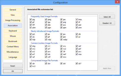 Windows 中 Honeyview 英文配置窗口的 Association 页面列出 jpg、png、webp 等图片格式及各自复选框