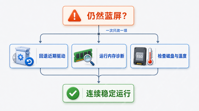 Windows 11 蓝屏后回退驱动和运行内存诊断的分支流程图
