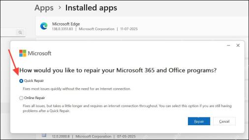 Microsoft 365 和 Office 修复窗口选择 Quick Repair