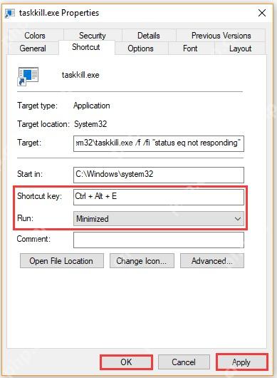 Win10 快捷方式属性中快捷键和运行方式区域被标出
