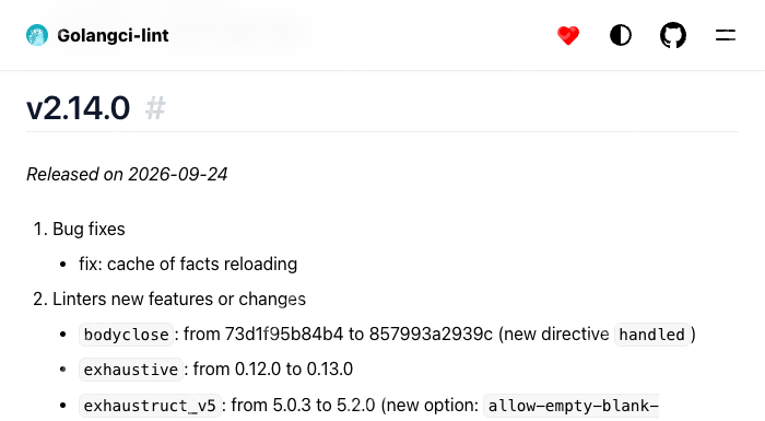 Golangci-lint 官方 v2.14.0 记录显示 2026 年 9 月 24 日发布日期、缓存事实重载修复和 bodyclose handled 指令更新