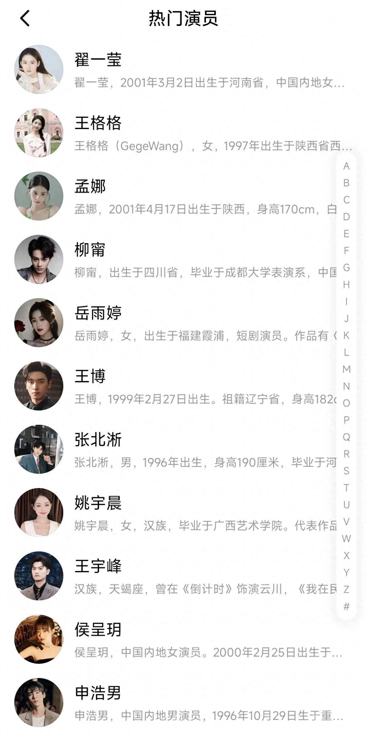 红果短剧热门演员列表,可点演员进入资料页