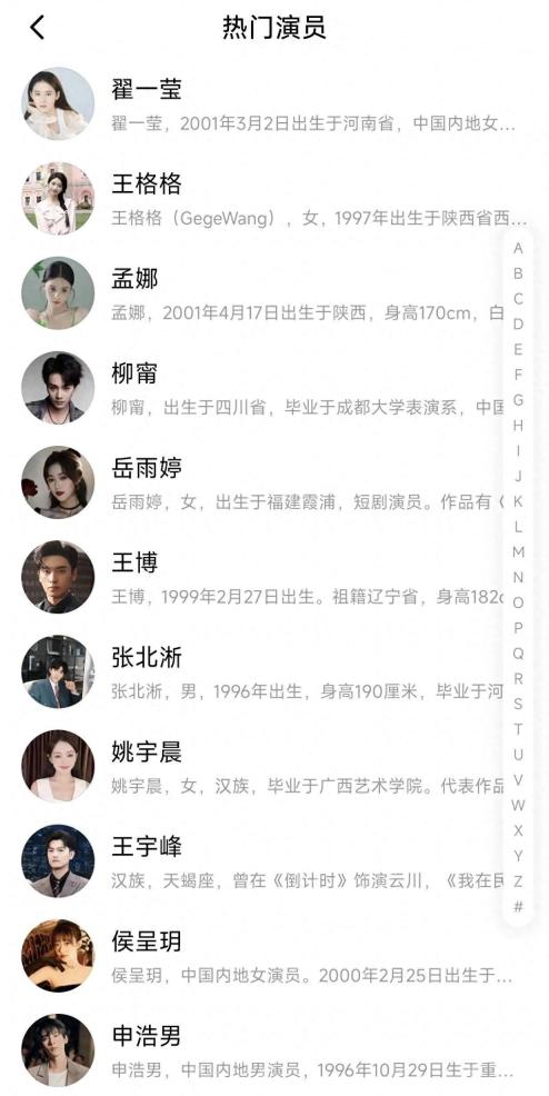 红果短剧热门演员列表，可点演员进入资料页