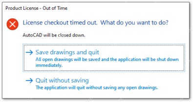 Windows Autodesk 产品 License checkout timed out 提示框截图,证明故障属于授权组件超时而不是图纸本身损坏。