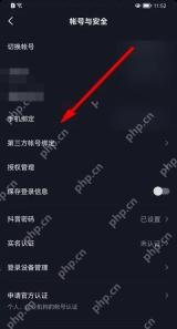 抖音账号与安全页中的手机绑定选项