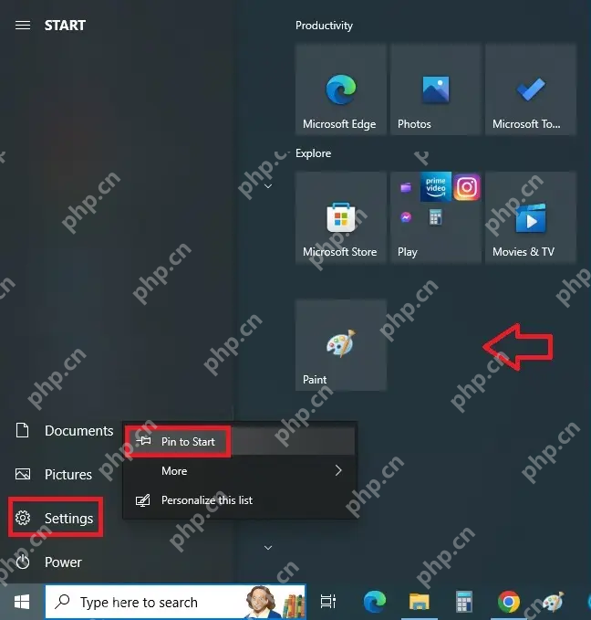 Win10 开始菜单中右键 Settings 设置并选择 Pin to Start