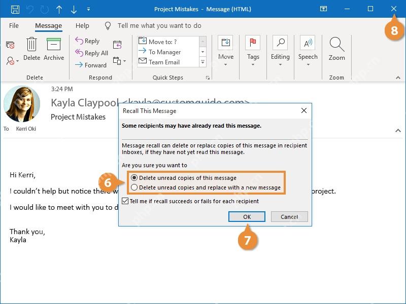 Outlook Recall This Message 对话框中选择删除或替换未读邮件