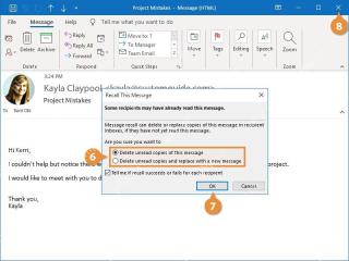 Outlook Recall This Message 对话框中选择删除或替换未读邮件