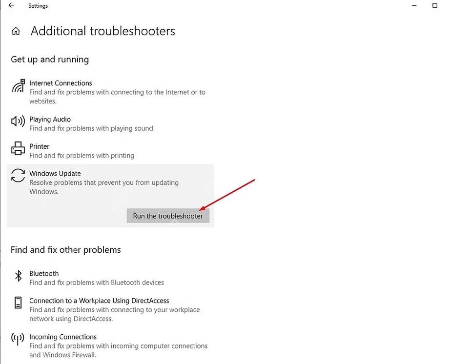 Win10 其他疑难解答中 Windows Update 的 Run the troubleshooter 按钮