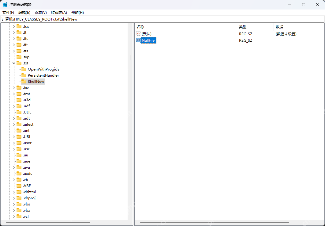 Windows 注册表编辑器 ShellNew 下 NullFile 字符串值