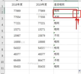 WPS表格结果列显示相同和不同并标出填充柄位置