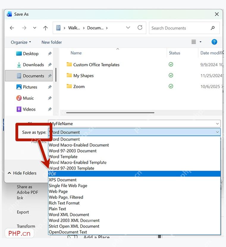 Windows 另存为窗口中展开 Save as type 并选择 PDF 文件类型