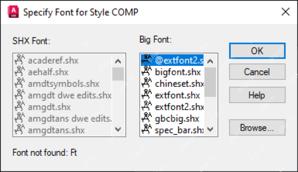 Windows AutoCAD Specify Font for Style 对话框截图,证明打开天正图后文字不显示时需要在样式弹窗里重新指定 SHX 或 Big Font。