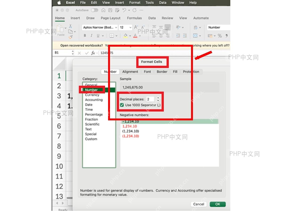 Excel 设置单元格格式窗口中的数值分类、小数位数和使用千位分隔符选项