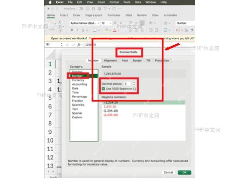Excel 设置单元格格式窗口中的数值分类、小数位数和使用千位分隔符选项