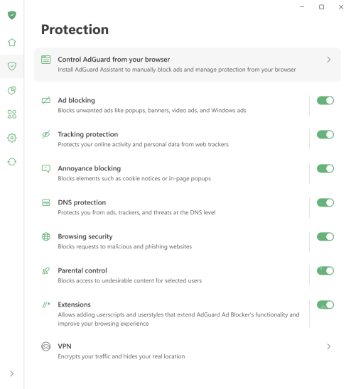 AdGuard Protection 总览展示各项保护开关