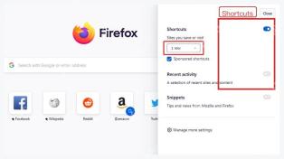火狐浏览器新标签页自定义面板中的 Shortcuts 设置