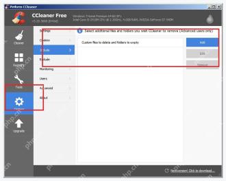 CCleaner Windows 电脑端 Options Include 自定义文件夹列表页面