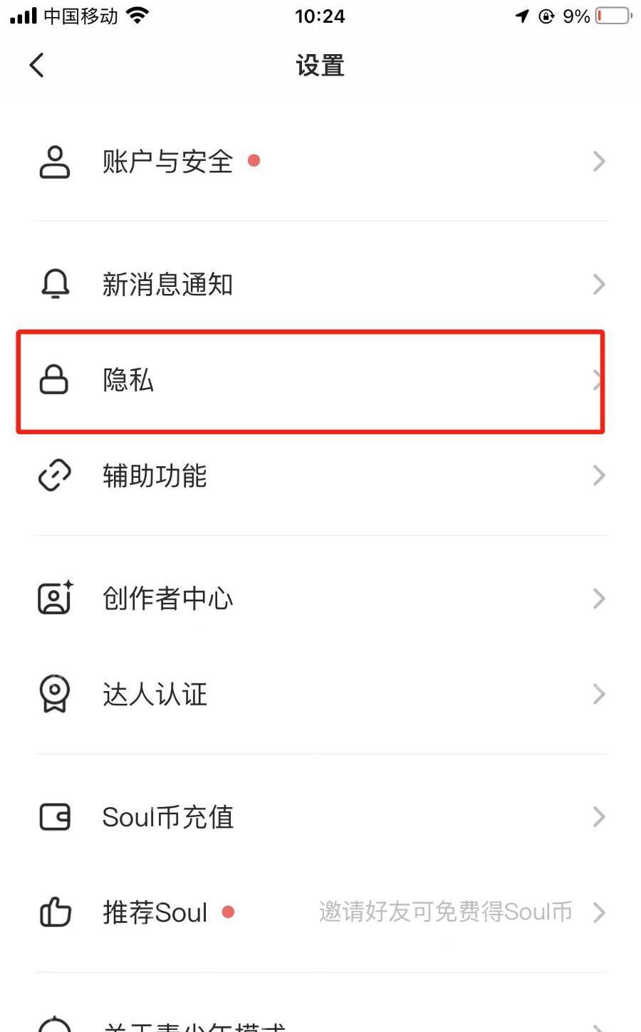 Soul设置页面中的隐私入口,证明进入定位隐私设置的步骤