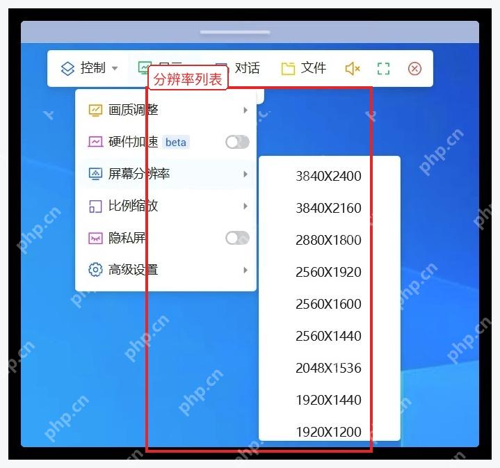 ToDesk Windows 显示菜单中的屏幕分辨率列表