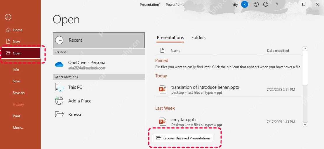 Microsoft 365 Windows PowerPoint 英文 Open 页面中的 Recover Unsaved Presentations 按钮