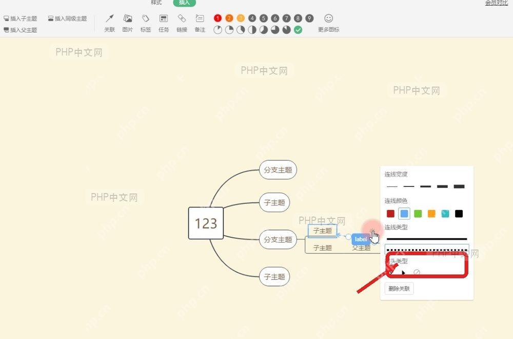WPS 思维导图样式面板中的箭头类型区域，服务于第4步修改关联箭头类型