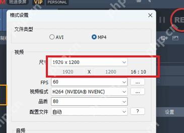 Bandicam Windows 格式设置窗口高亮视频尺寸下拉框