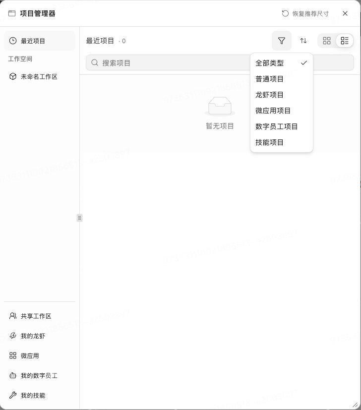 项目管理器中的项目类型筛选菜单