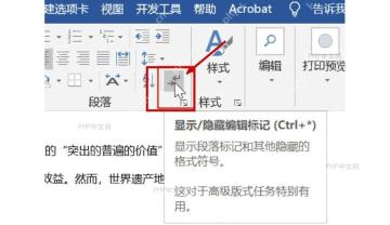 Word 开始选项卡中显示隐藏编辑标记按钮被标出