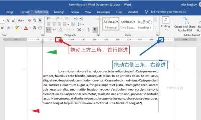Word 标尺中拖动首行缩进和右缩进标记