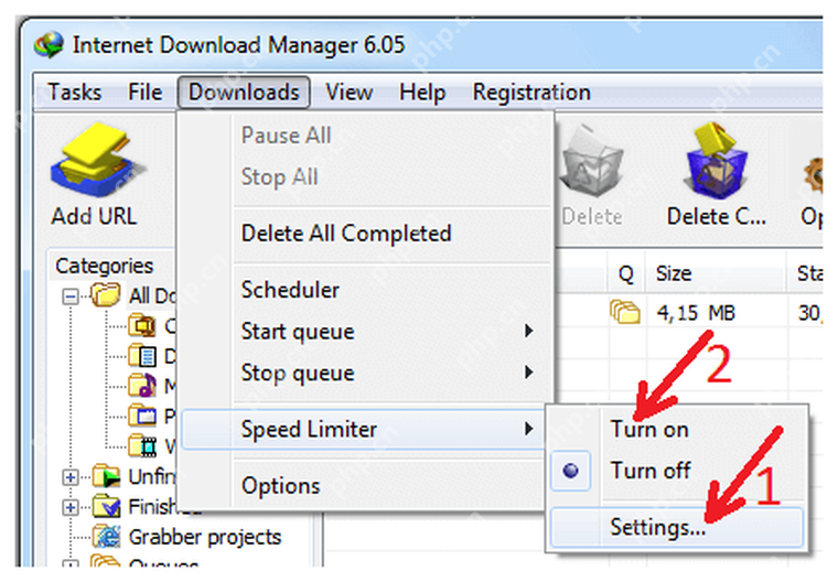 IDM Downloads 菜单展开 Speed Limiter,包含 Settings 和 Turn on。