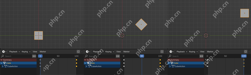 Blender 关键帧示例显示物体在不同帧上的位置变化