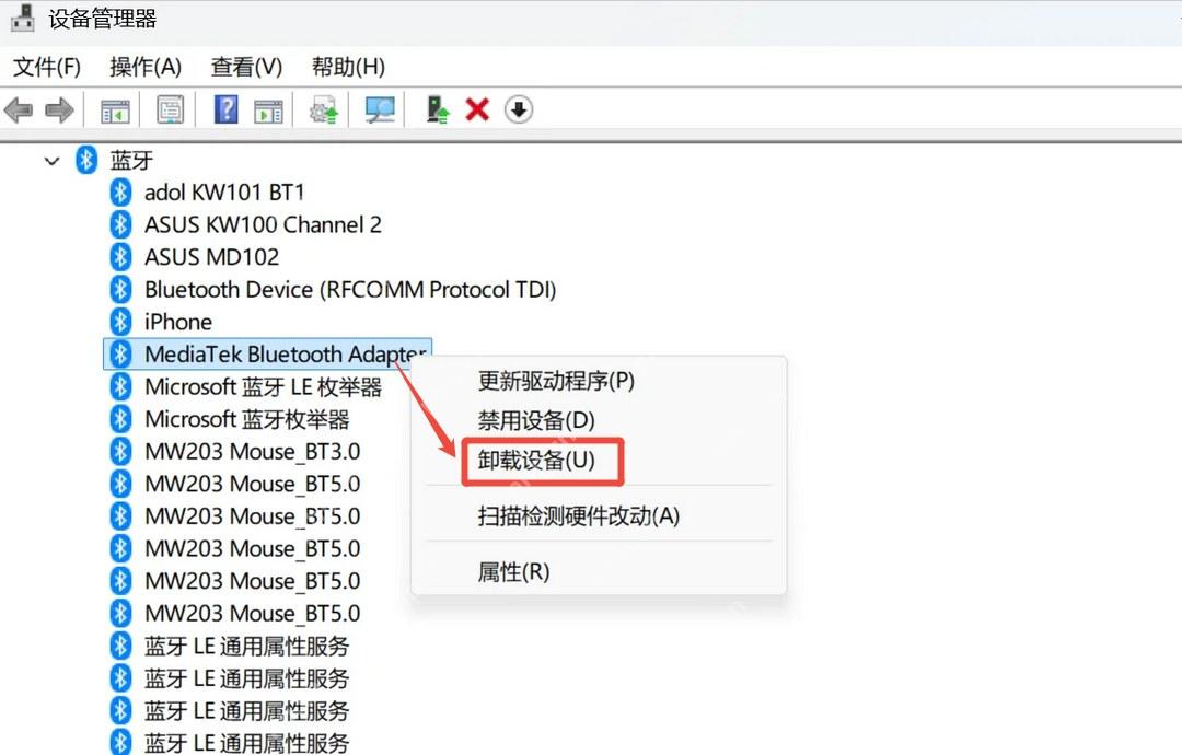 设备管理器中卸载旧的 Bluetooth 设备记录