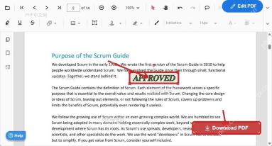 PDFgear 页面中放置 Approved 图章并点击 Download PDF 保存文件