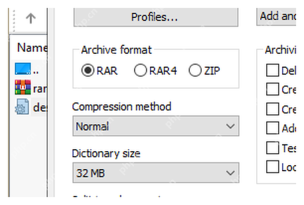 WinRAR 创建压缩包窗口显示 RAR、RAR4、ZIP 和压缩方式,对应选择压缩格式。
