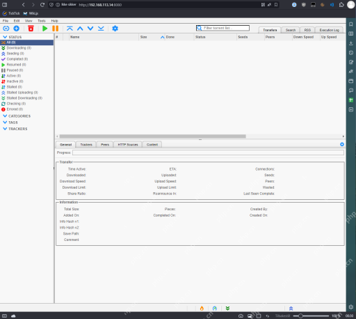 Windows 浏览器中已进入 qBittorrent Web UI 主界面,地址栏显示内网地址加 8080 端口,页面有 File、Edit、View、Tools 菜单、任务状态栏和 Transfers 标签,证明登录后可在浏览器管理 qBittorrent 下载任务