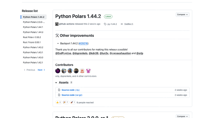 Polars 官方 GitHub Releases 展示 Python Polars 1.44.2 最新补丁版本