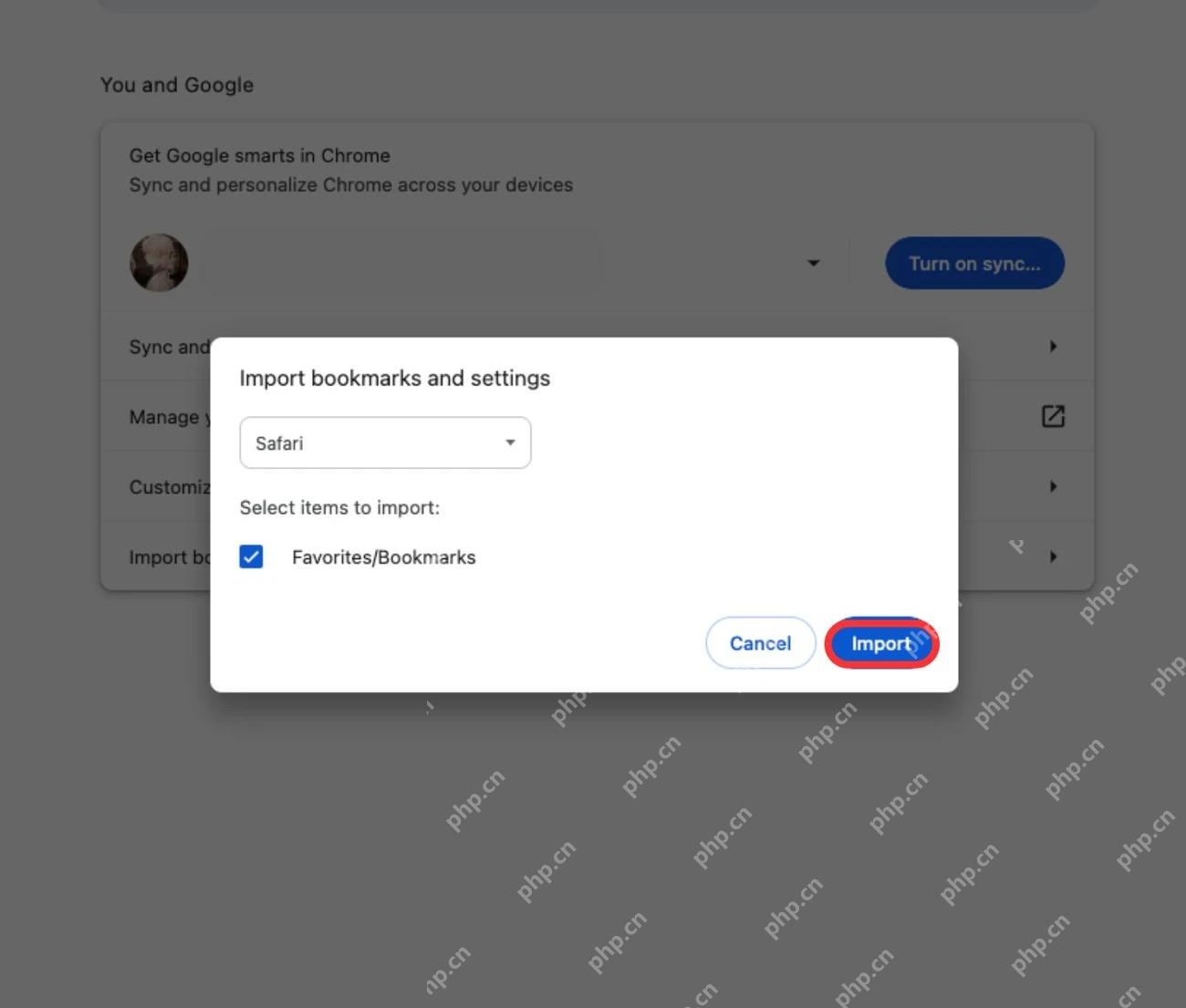 Chrome 导入书签和设置窗口