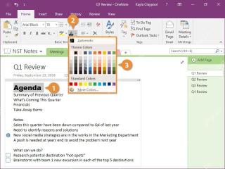 OneNote 字体颜色面板和色块,用来修改选中文字颜色