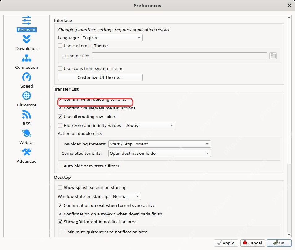 qBittorrent Behavior 页中的 Confirm when deleting torrents 确认提示